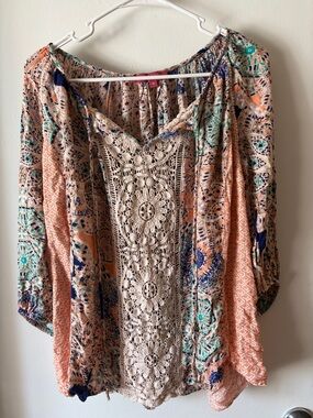 Crochet-Front Boho Tunic Top in Peach and Teal